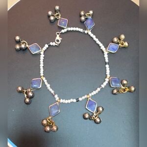 BLUE LAPIS STERLING 925 GENUINE SEED PEARL ANKLET 10 INCHES
